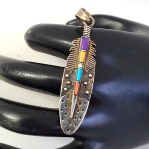 Sterling Silver 925 Turquoise Native American Style Feather Pendant